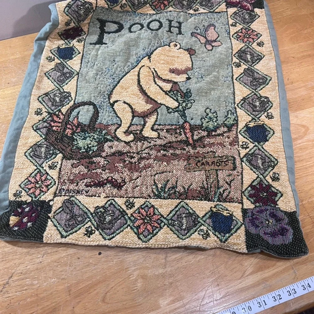 Vtg Disney Winnie the Pooh Garden Woven Tapestry Wall Hanging Crown Crafts 24x32